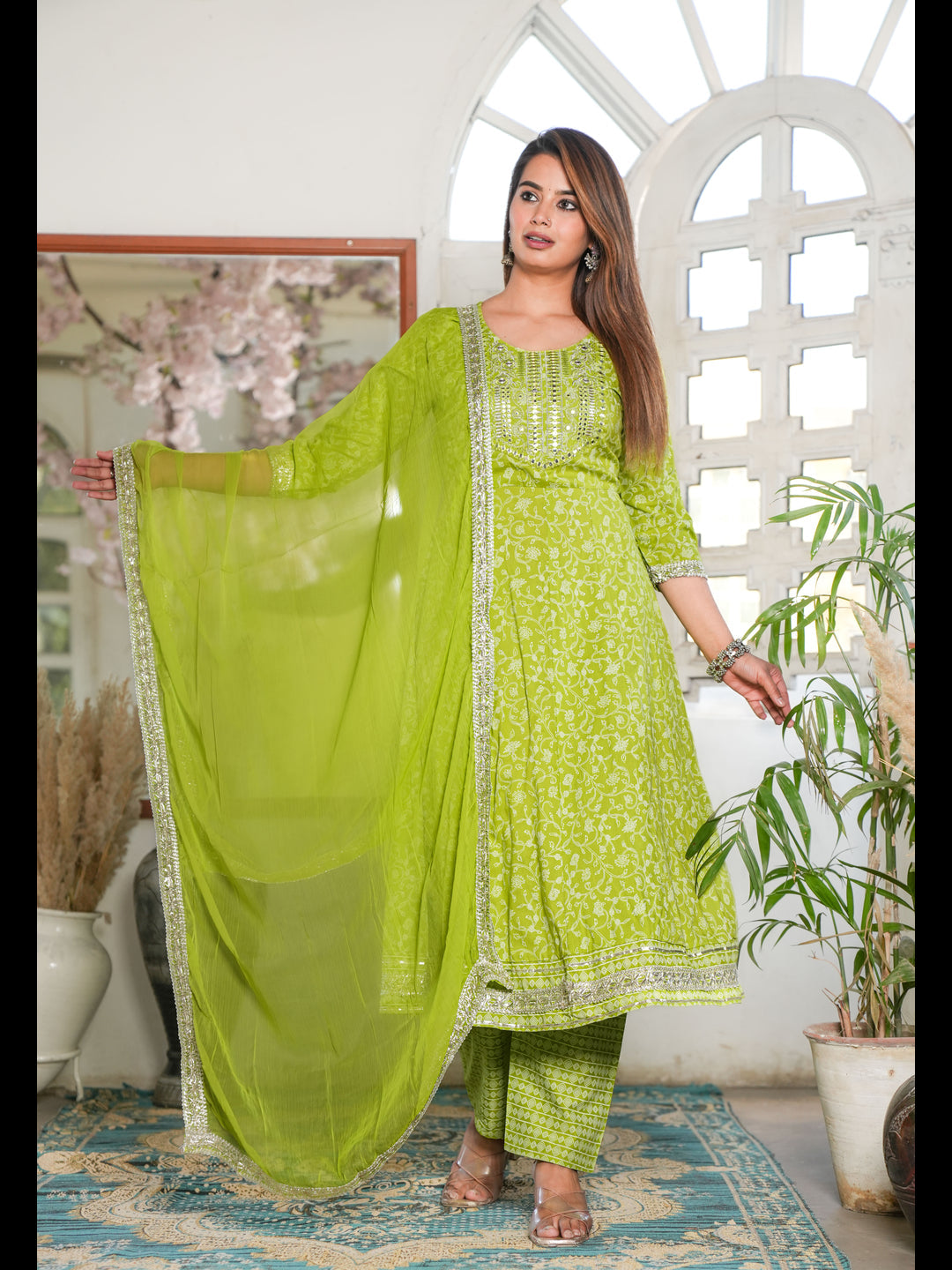 Green Anarkali Rayon Printed Embroidered Kurta Bottom With Dupatta