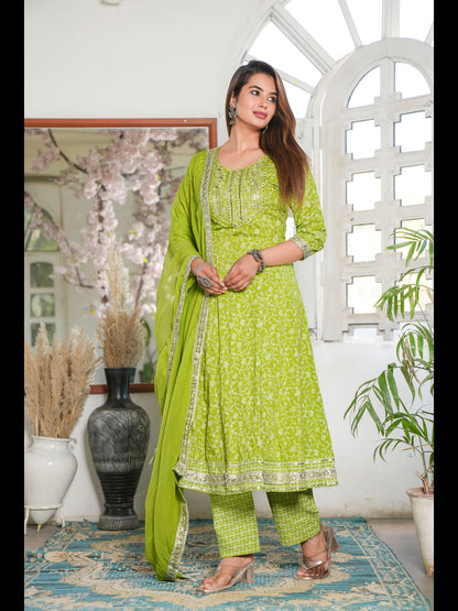 Green Anarkali Rayon Printed Embroidered Kurta Bottom With Dupatta