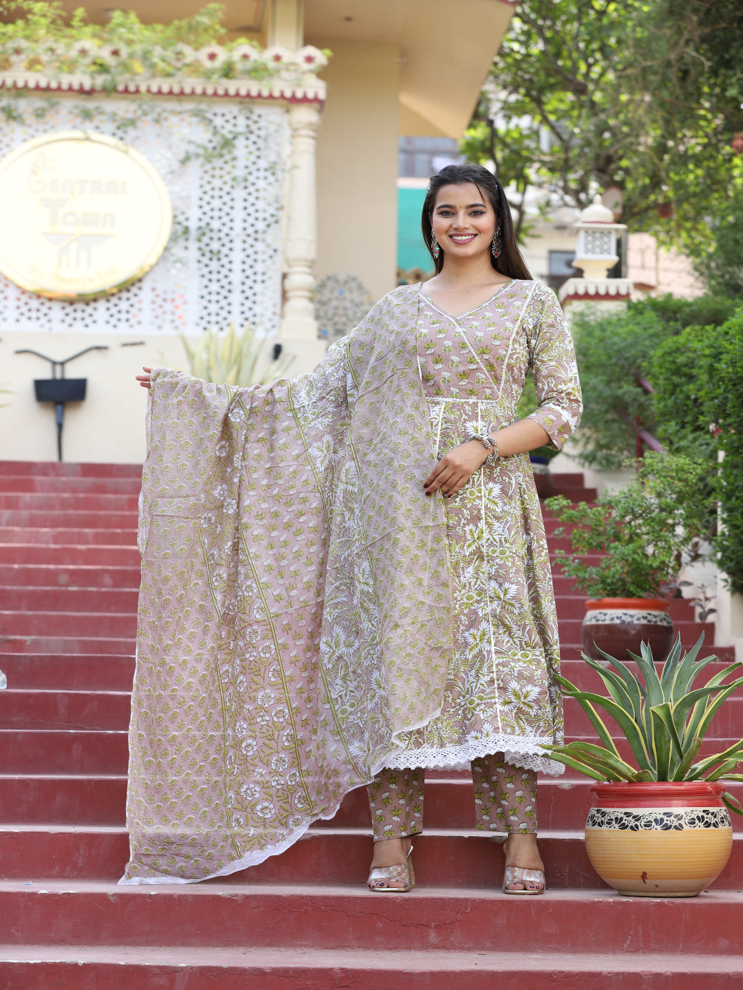 Multi Anarkali Cotton Printed Embroidered Kurta With Pant Dupatta