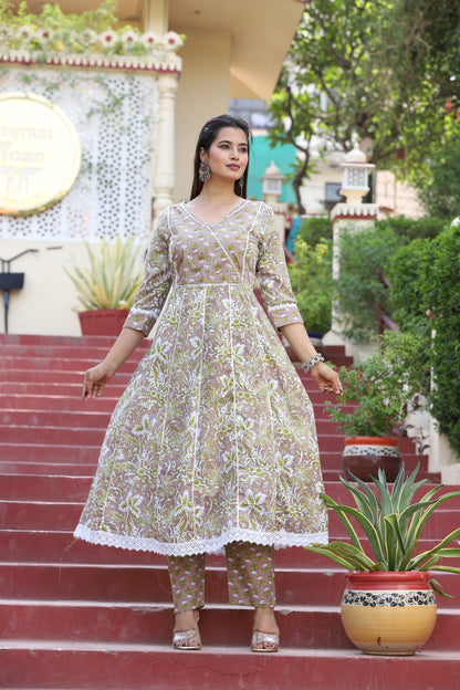 Multi Anarkali Cotton Printed Embroidered Kurta With Pant Dupatta
