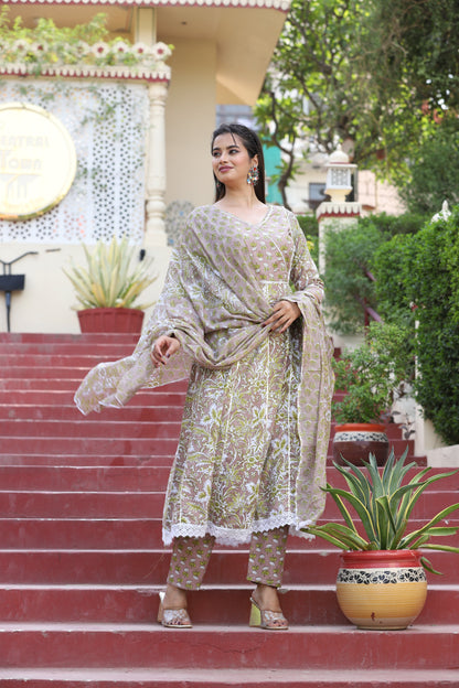 Multi Anarkali Cotton Printed Embroidered Kurta With Pant Dupatta