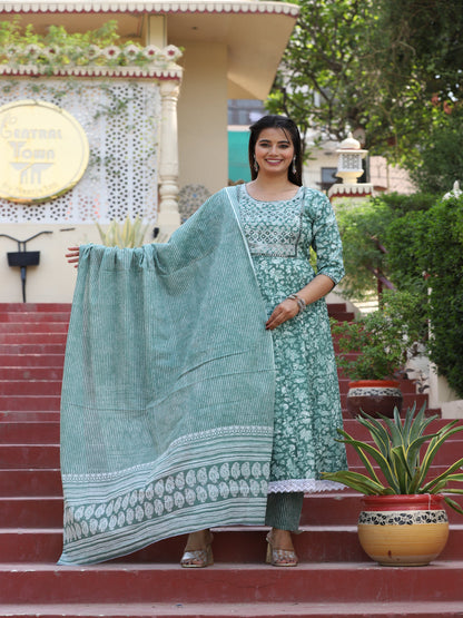 Green Anarkali Cotton Printed Embroidered Kurta With Pant Dupatta