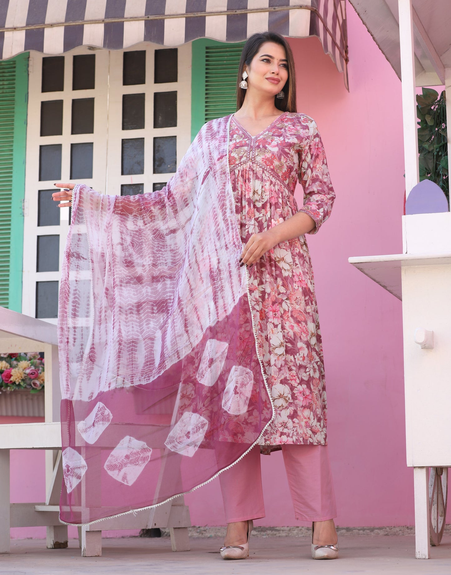 Peach Alia Cut Rayon Printd Embroiderd Kurta With Pant And Dupatta