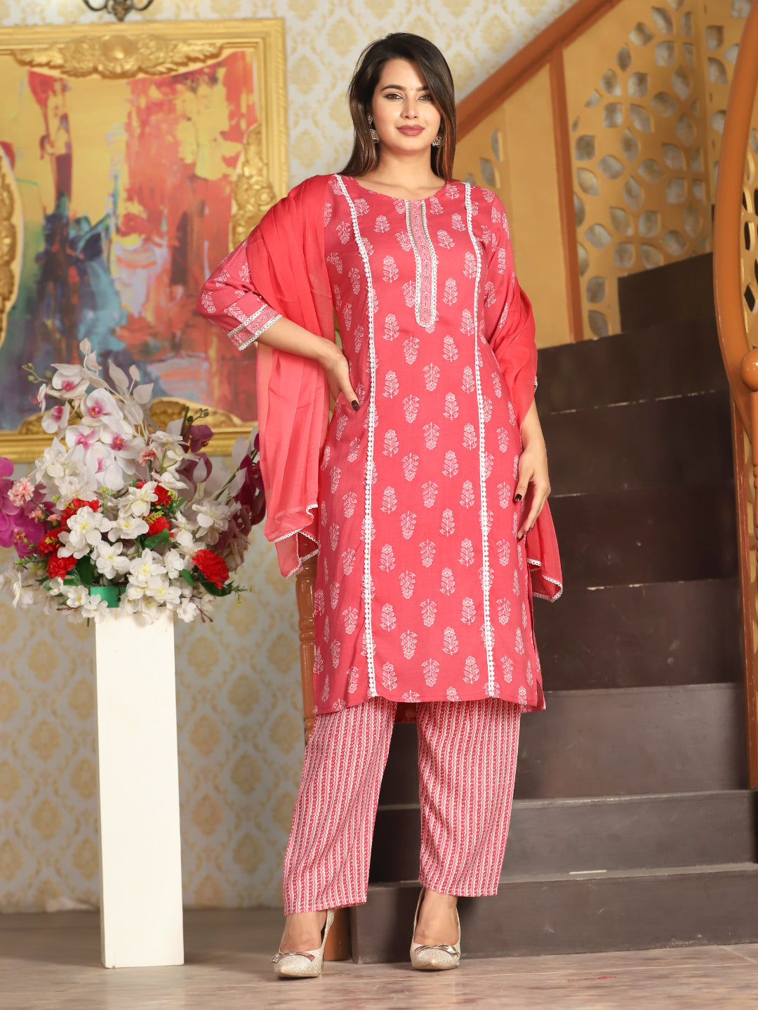 Peach Straight Rayon Printed Kurta With Pant And Dupatta