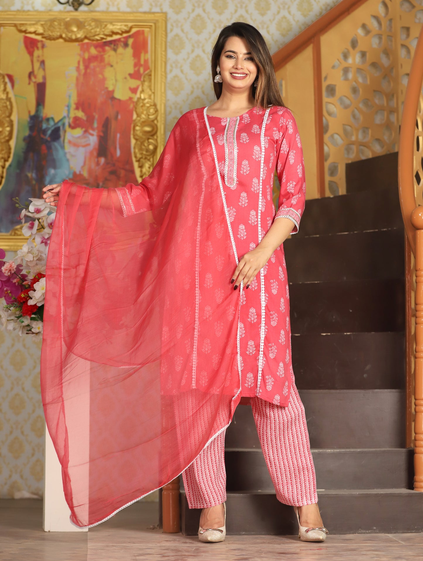 Peach Straight Rayon Printed Kurta With Pant And Dupatta