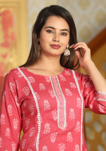 Peach Straight Rayon Printed Kurta With Pant And Dupatta