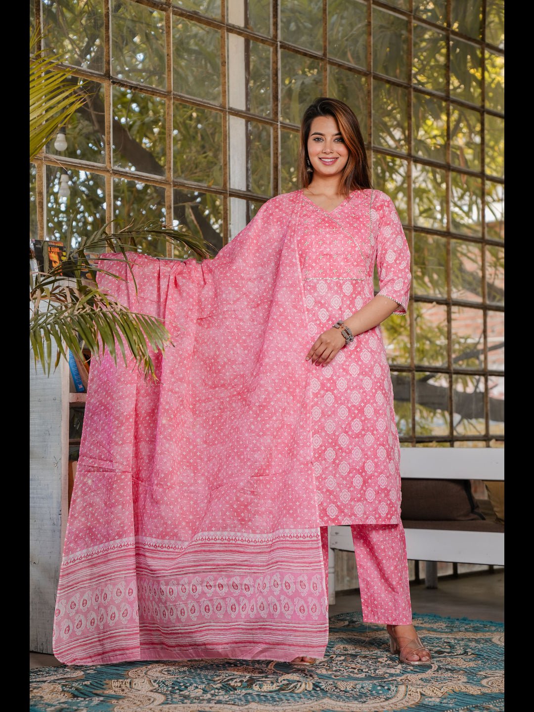 Peach Straight Printed Cotton Kurta Bottom With Dupatta
