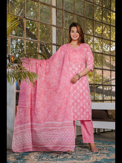 Peach Straight Printed Cotton Kurta Bottom With Dupatta