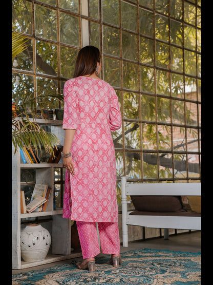 Peach Straight Printed Cotton Kurta Bottom With Dupatta