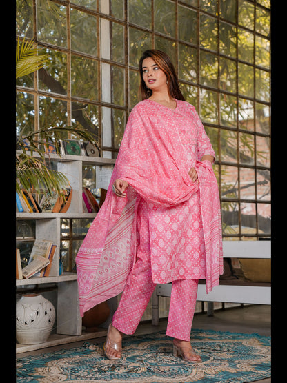 Peach Straight Printed Cotton Kurta Bottom With Dupatta
