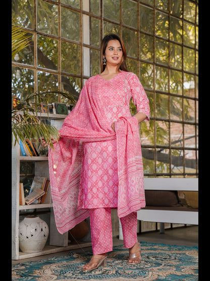Peach Straight Printed Cotton Kurta Bottom With Dupatta