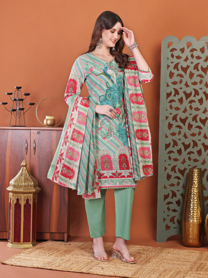 Green Straight Cotton Printed Embellished Kurta With Pant And Dupatta