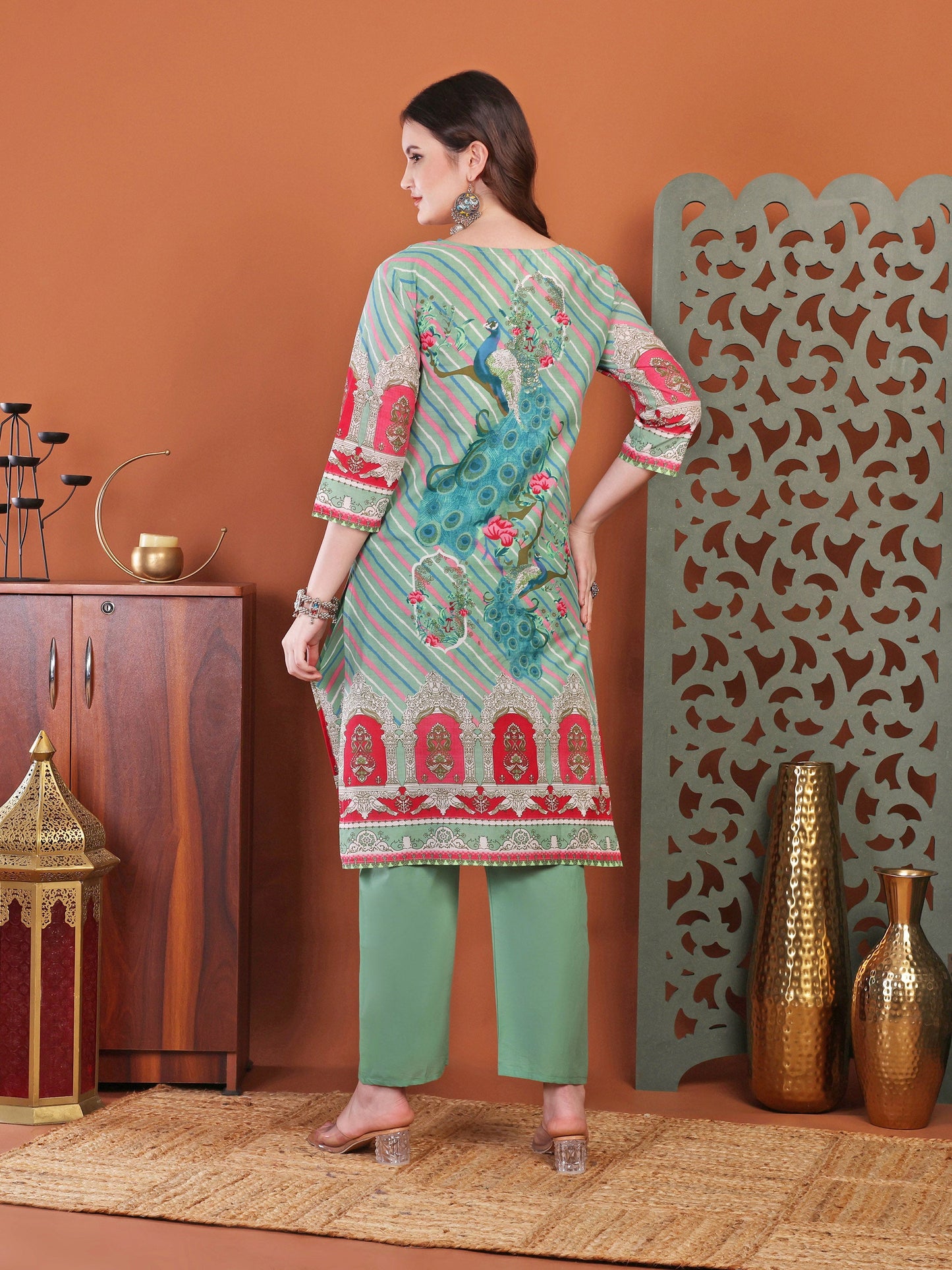 Green Straight Cotton Printed Embellished Kurta With Pant And Dupatta