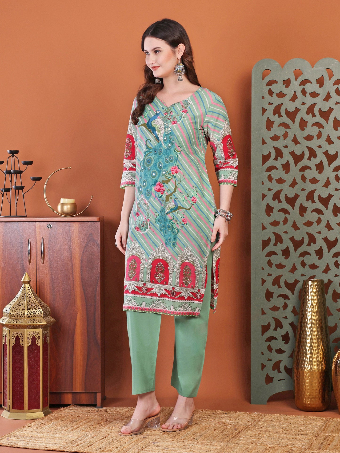 Green Straight Cotton Printed Embellished Kurta With Pant And Dupatta