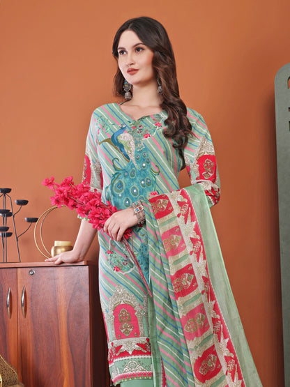 Green Straight Cotton Printed Embellished Kurta With Pant And Dupatta