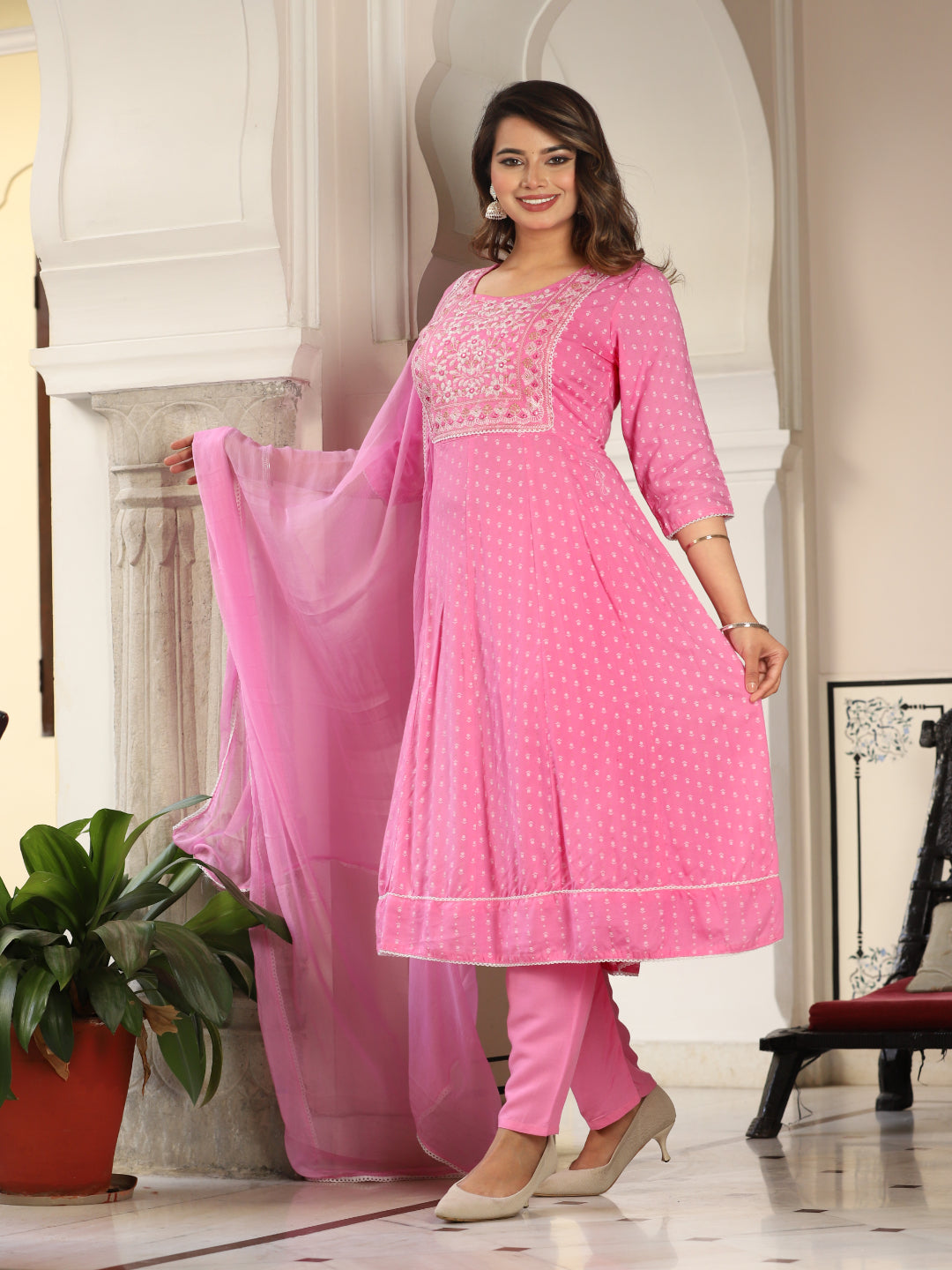 Pink Anarkali Rayon Printed Embroiderd Kurta With Pant And Dupatta
