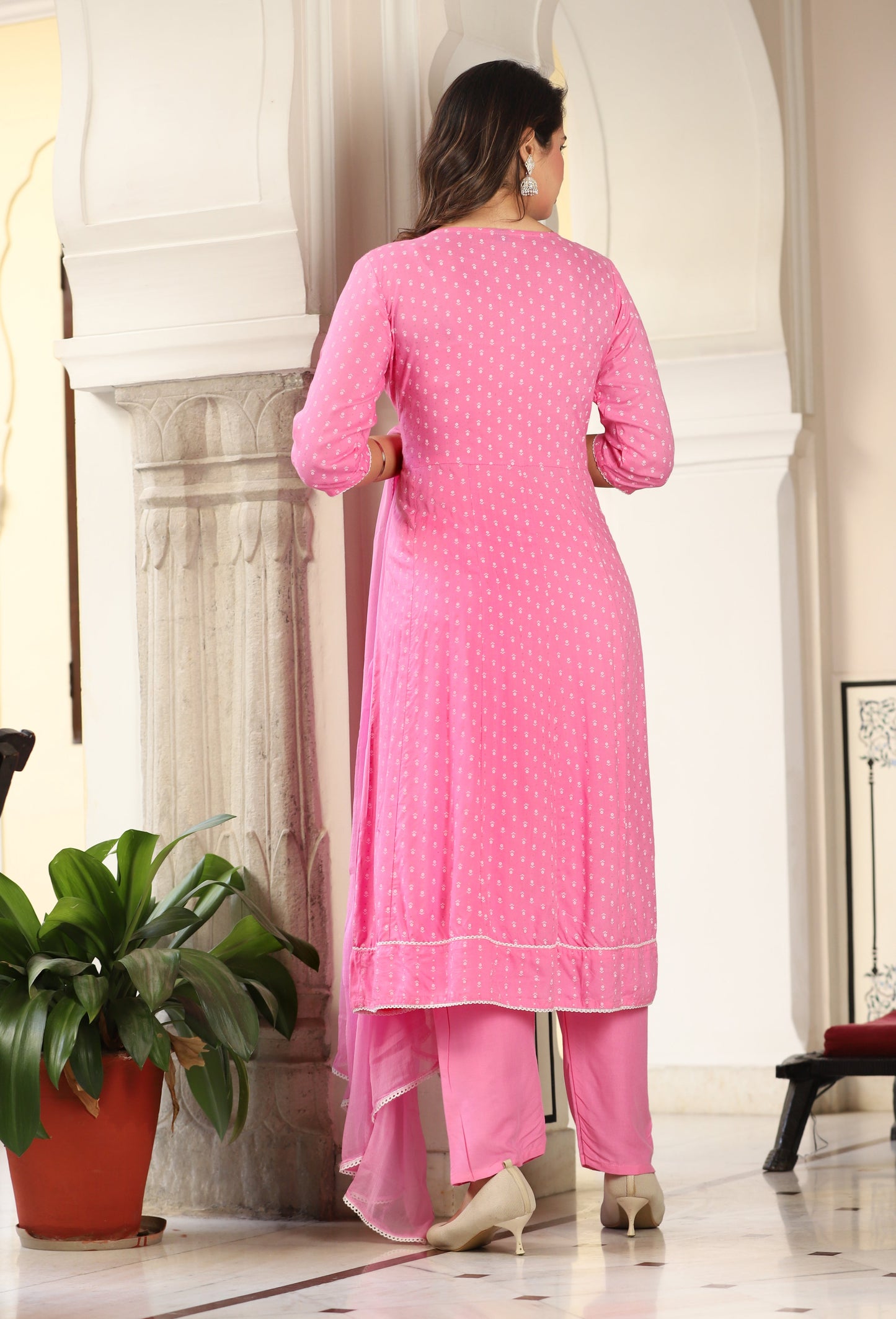 Pink Anarkali Rayon Printed Embroiderd Kurta With Pant And Dupatta