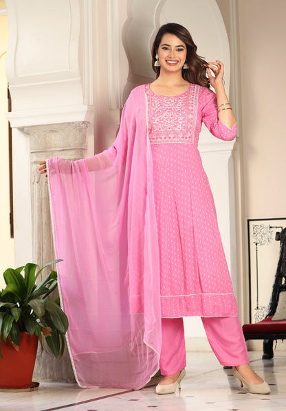 Pink Anarkali Rayon Printed Embroiderd Kurta With Pant And Dupatta