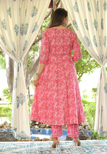 Pink Anarkali Cotton Printed Kurta With Pant And Dupatta