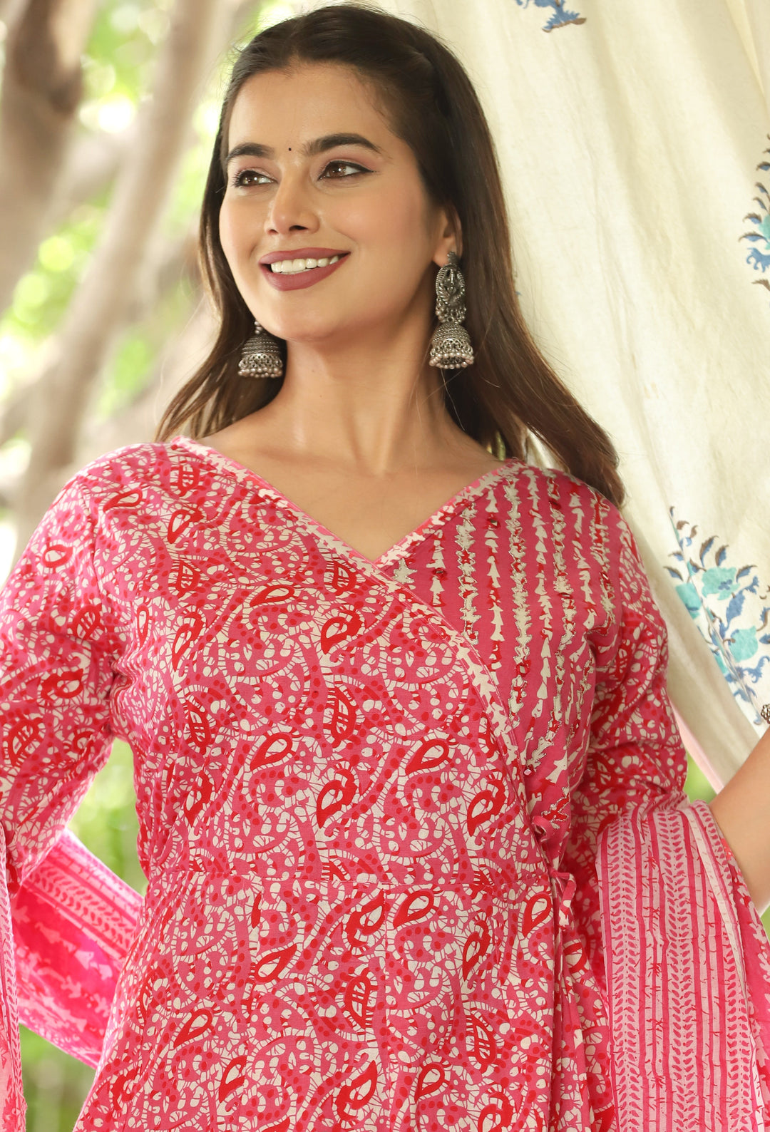 Pink Anarkali Cotton Printed Kurta With Pant And Dupatta