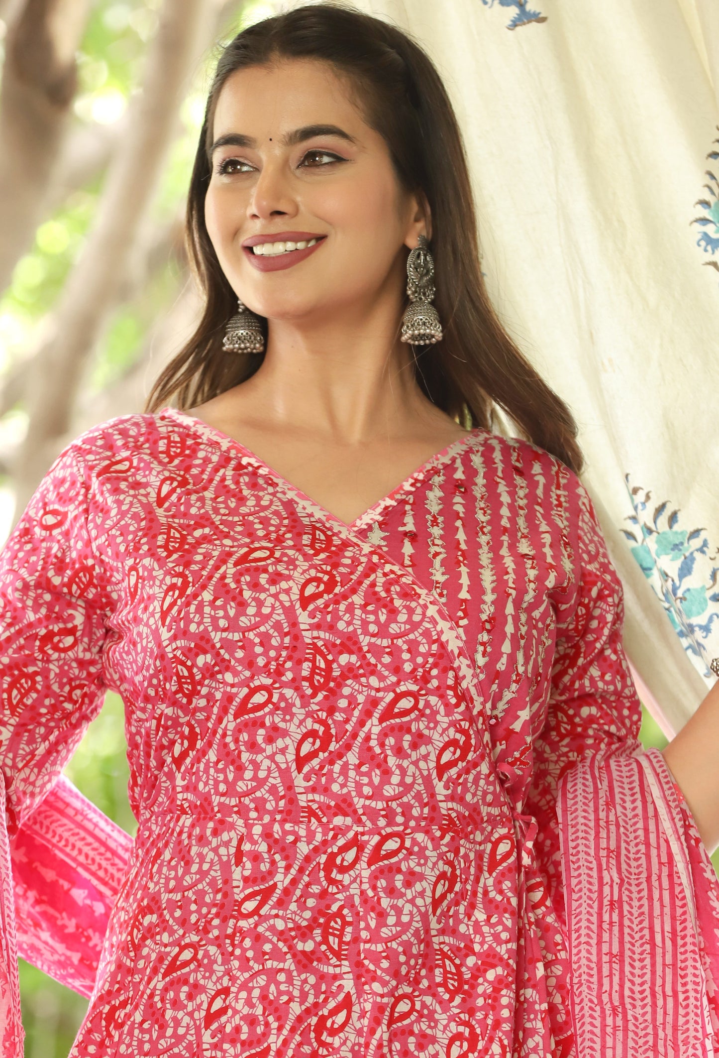 Pink Anarkali Cotton Printed Kurta With Pant And Dupatta