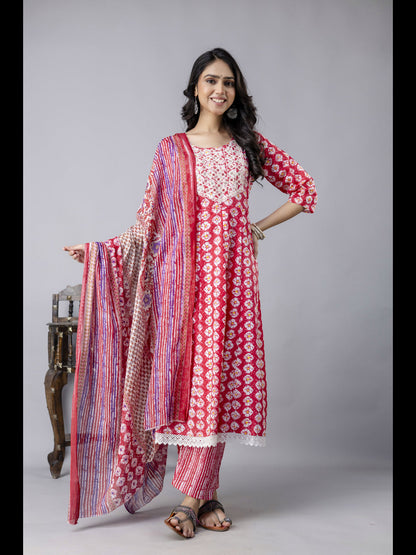 Pink Printed Cotton Anarkali Kurta With Pant And Dupatta