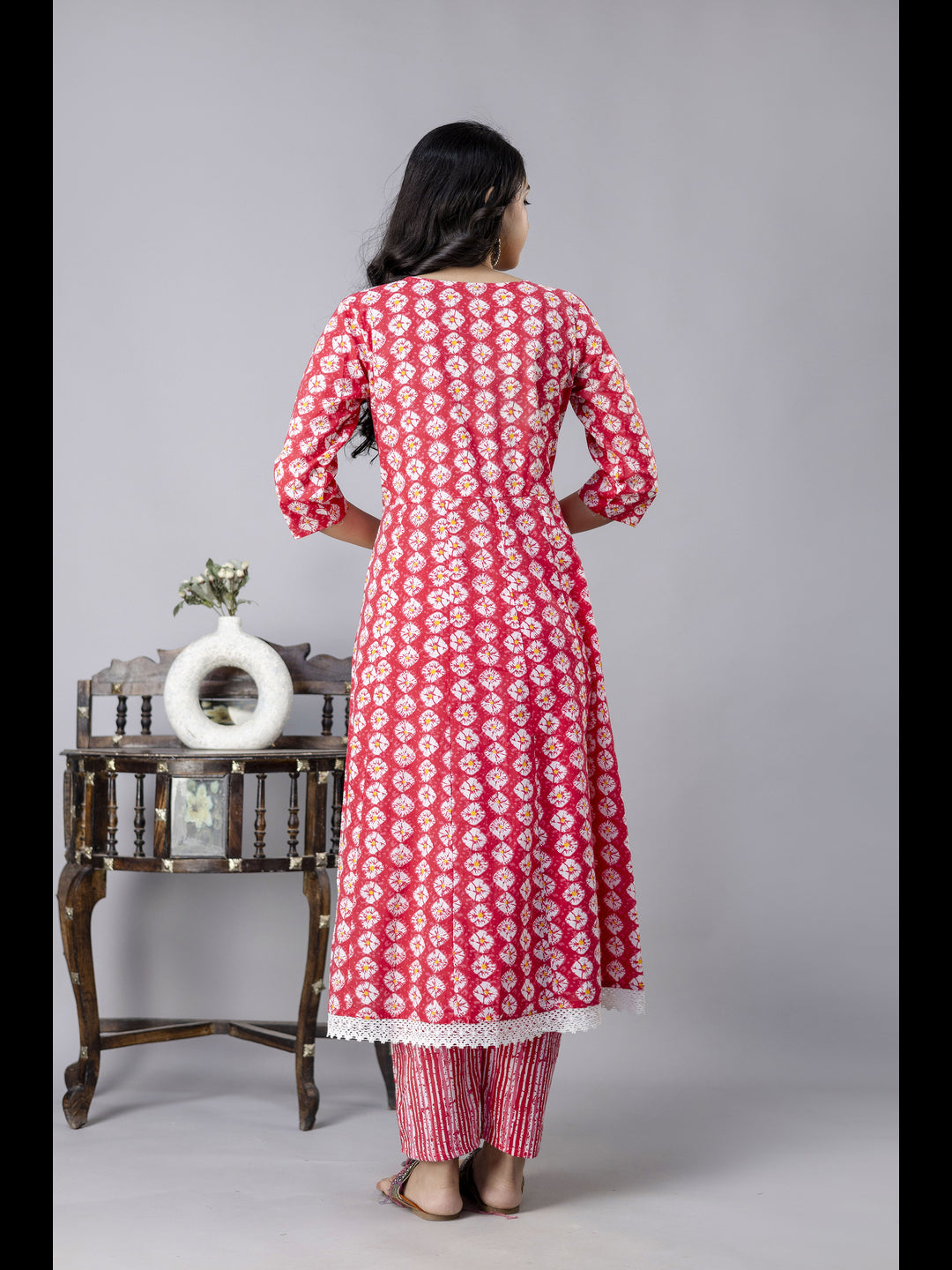 Pink Printed Cotton Anarkali Kurta With Pant And Dupatta
