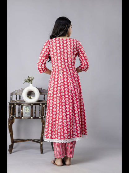 Pink Printed Cotton Anarkali Kurta With Pant And Dupatta