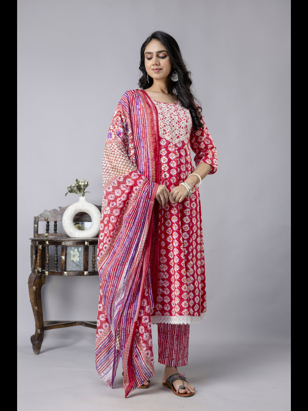 Pink Printed Cotton Anarkali Kurta With Pant And Dupatta