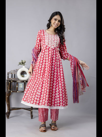 Pink Printed Cotton Anarkali Kurta With Pant And Dupatta