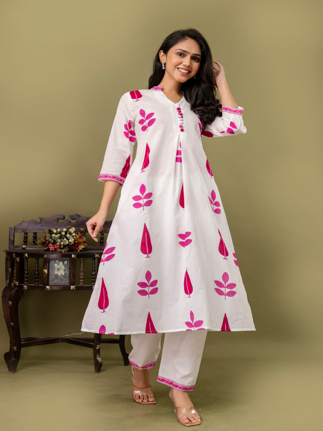 Pink Aline Cotton Printed Kurta With Pant