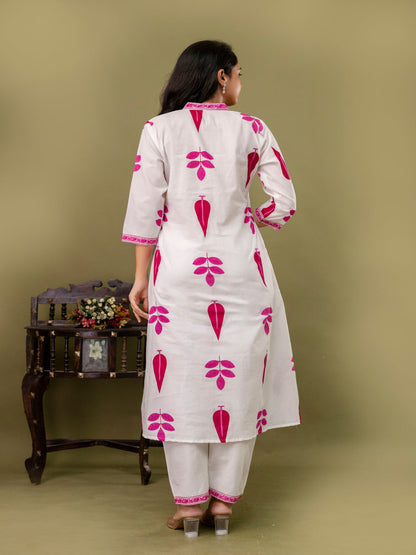 Pink Aline Cotton Printed Kurta With Pant