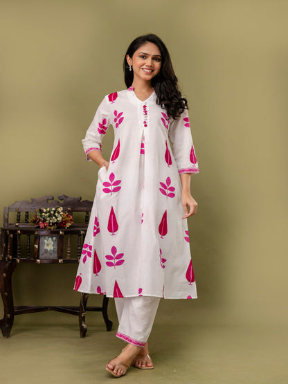 Pink Aline Cotton Printed Kurta With Pant