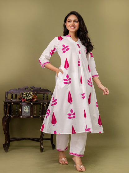 Pink Aline Cotton Printed Kurta With Pant
