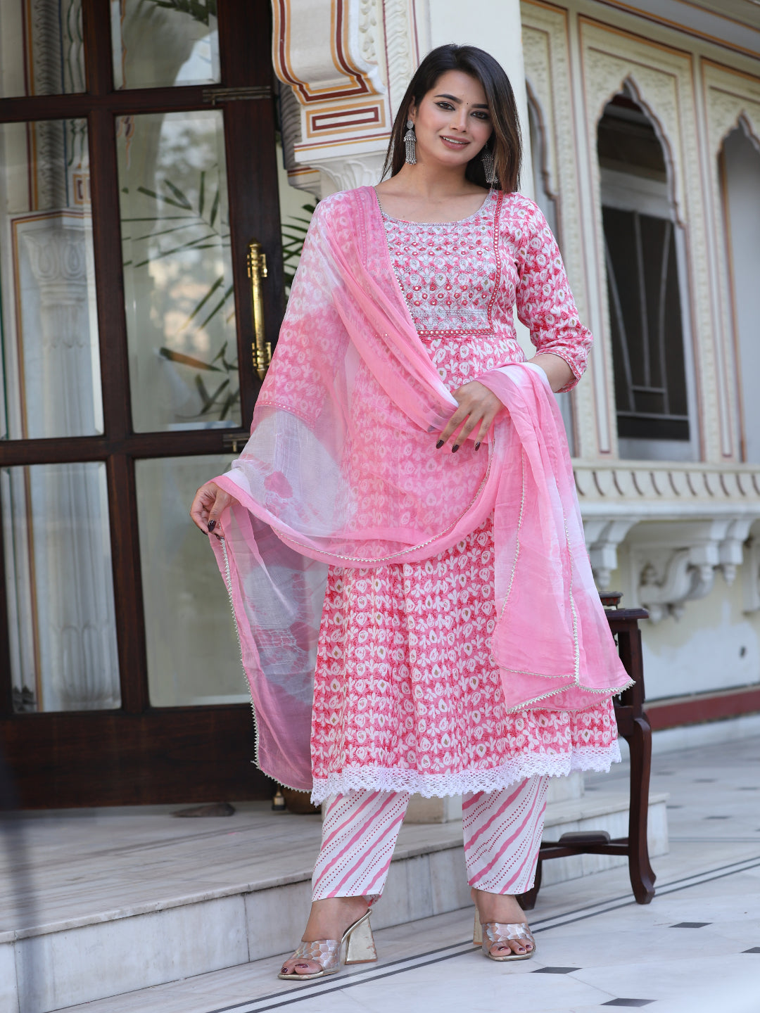 Pink Anarkali Rayon Printd Embroiderd Kurta With Pant And Dupatta