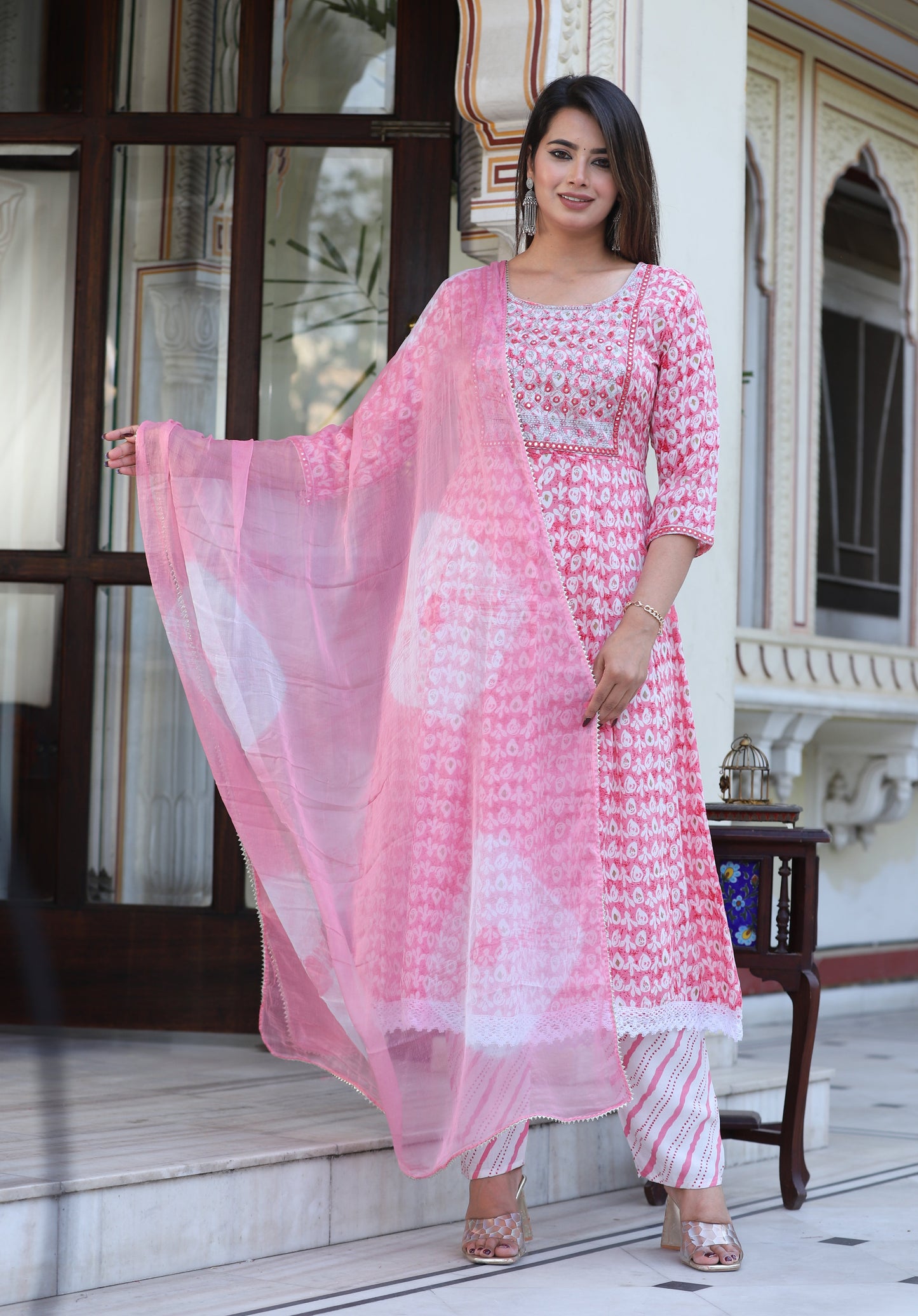 Pink Anarkali Rayon Printd Embroiderd Kurta With Pant And Dupatta
