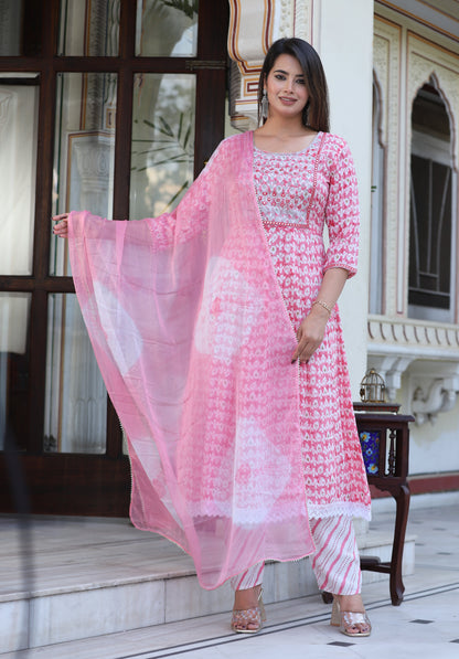Pink Anarkali Rayon Printd Embroiderd Kurta With Pant And Dupatta