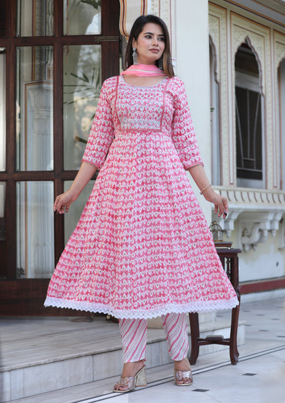 Pink Anarkali Rayon Printd Embroiderd Kurta With Pant And Dupatta