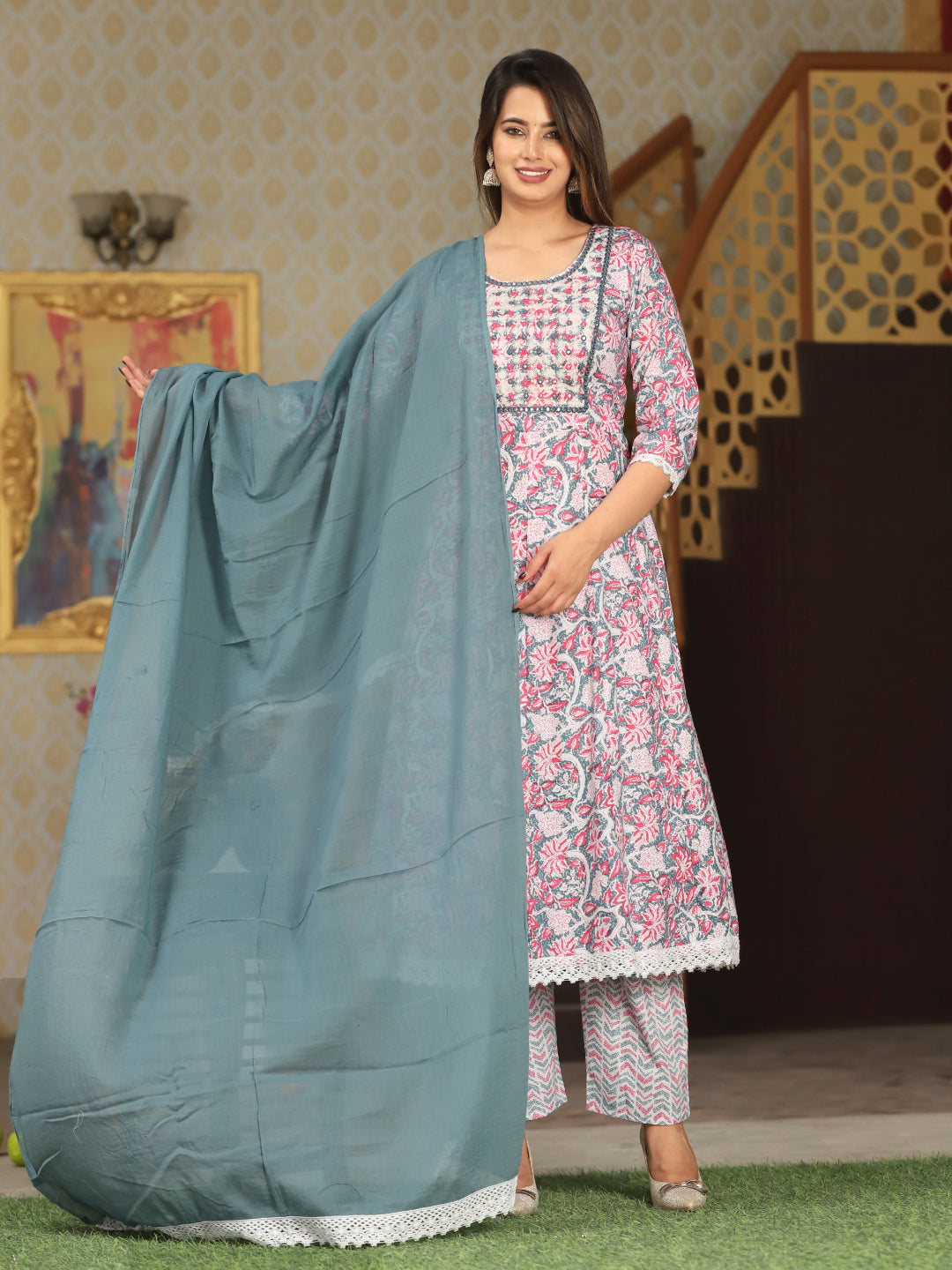 Pink Anarkali Cotton Printed Embroidered Kurta With Pant Dupatta