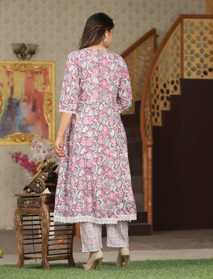 Pink Anarkali Cotton Printed Embroidered Kurta With Pant Dupatta