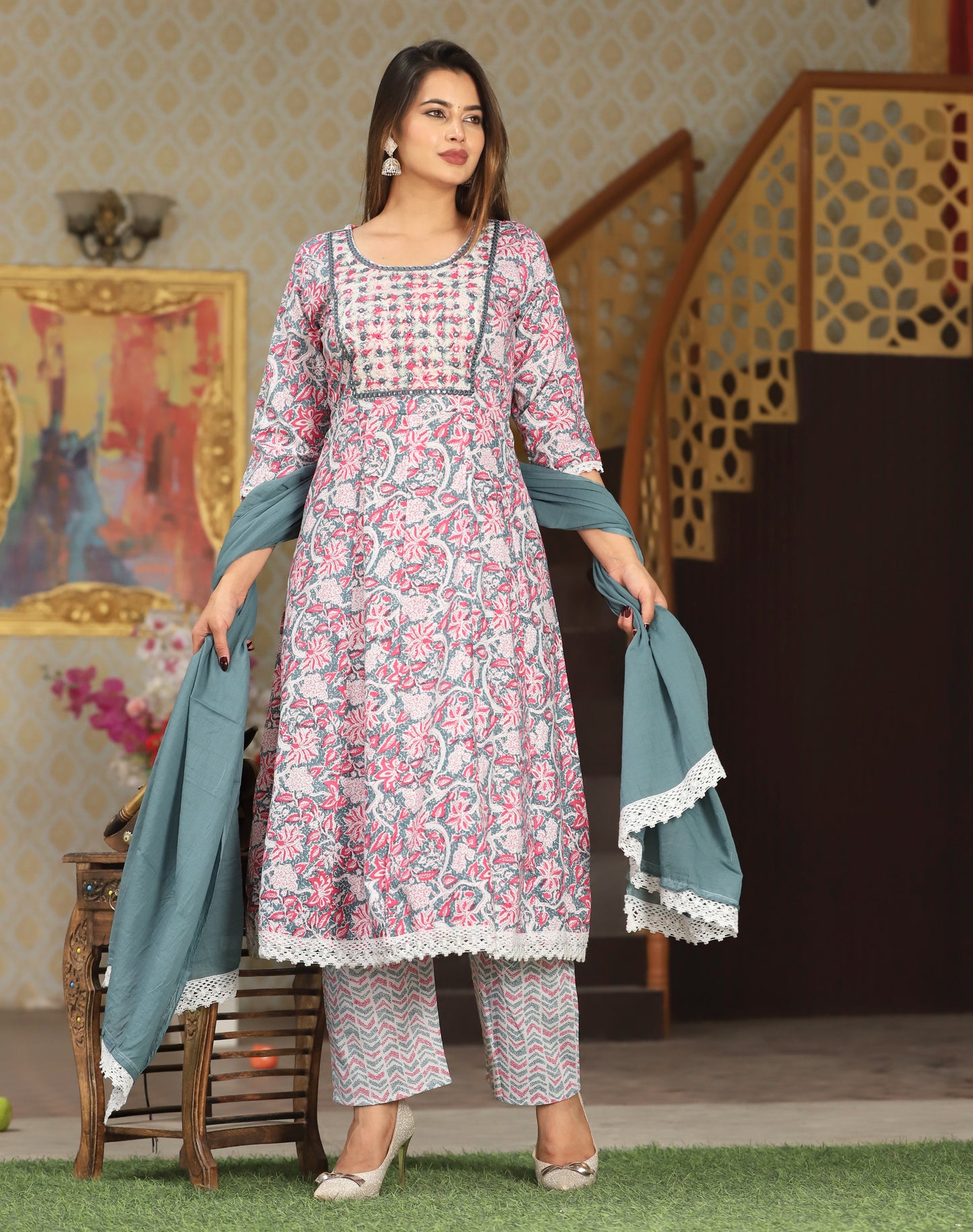 Pink Anarkali Cotton Printed Embroidered Kurta With Pant Dupatta