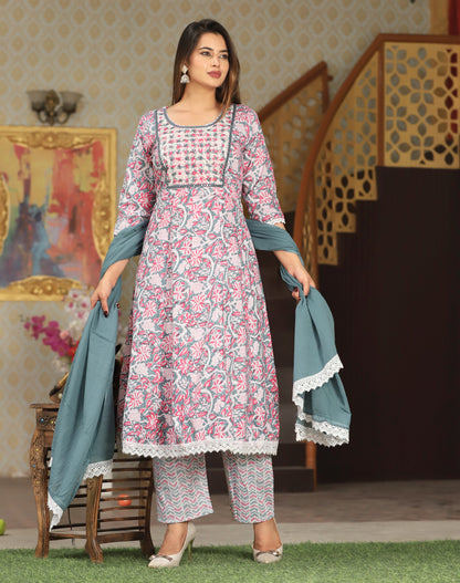 Pink Anarkali Cotton Printed Embroidered Kurta With Pant Dupatta