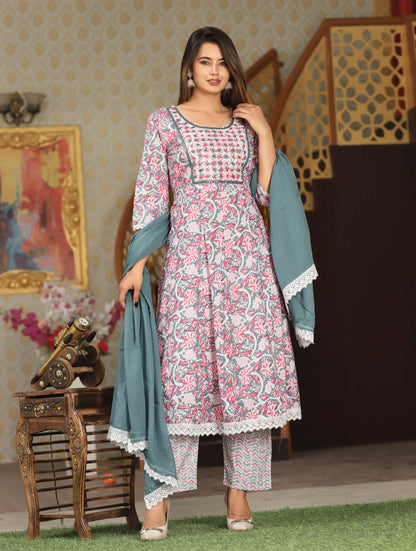 Pink Anarkali Cotton Printed Embroidered Kurta With Pant Dupatta