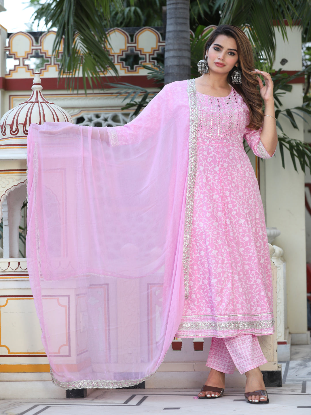 Pink Anarkali Rayon Printed Embroiderd Kurta With Pant And Dupatta