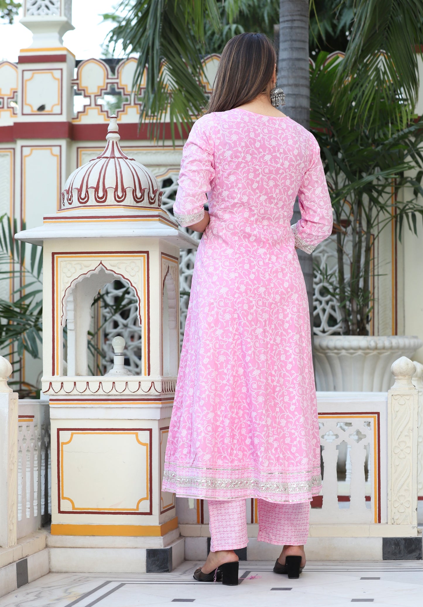 Pink Anarkali Rayon Printed Embroiderd Kurta With Pant And Dupatta