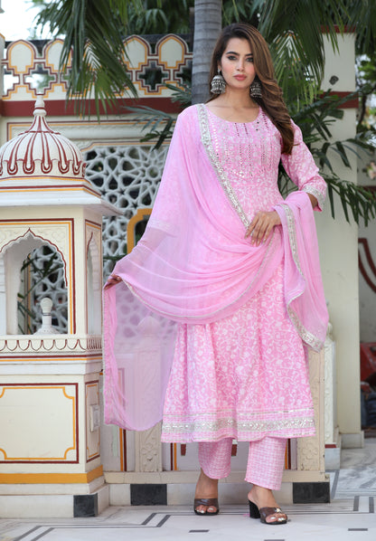Pink Anarkali Rayon Printed Embroiderd Kurta With Pant And Dupatta