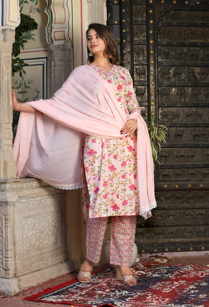 Pink Straight Cotton Printed Embroidered Kurta With Pant And Dupatta