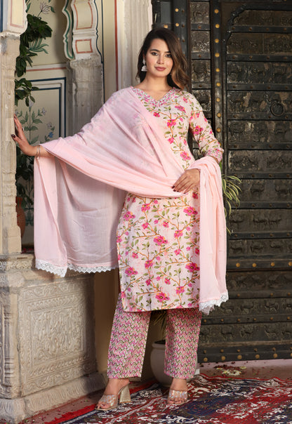 Pink Straight Cotton Printed Embroidered Kurta With Pant And Dupatta