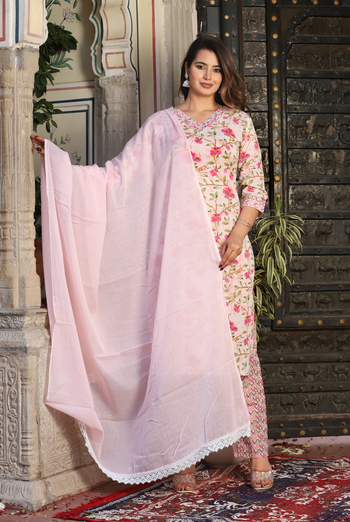 Pink Straight Cotton Printed Embroidered Kurta With Pant And Dupatta