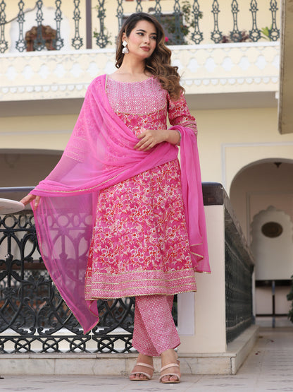 Pink Anarkali Rayon Printed Embroiderd Kurta With Pant And Dupatta
